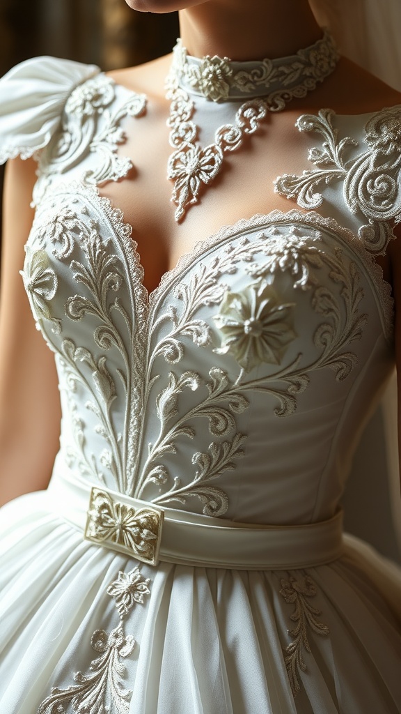 Close-up of an elegant wedding dress featuring intricate embroidery designs