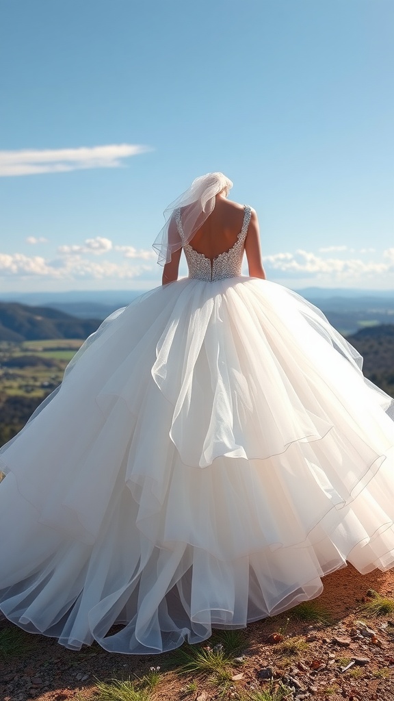 A bride in a tulle ballgown wedding dress, showcasing multiple layers and a beautiful backdrop.