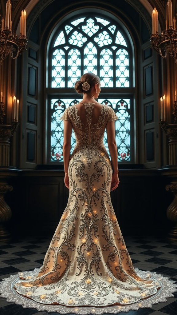 A bride wearing a lavish cap sleeve gown with intricate beading, standing in front of a stained glass window.