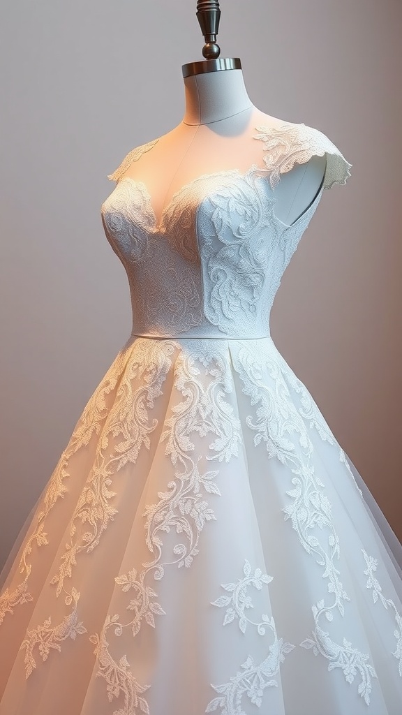 A beautiful wedding ballgown featuring intricate lace detailing on the bodice and skirt, showcasing a romantic design.