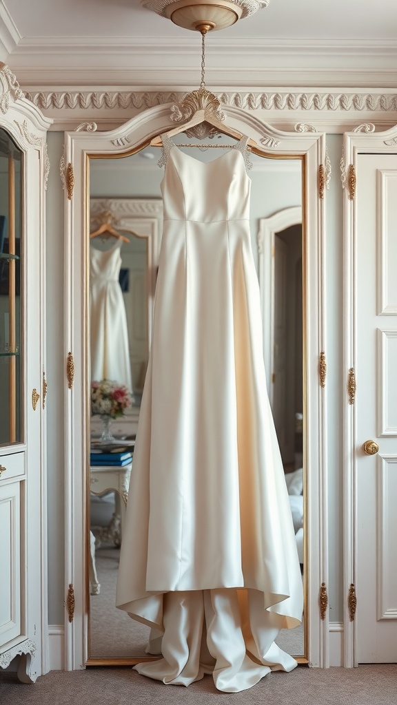 Elegant satin wedding dress hanging in a beautifully decorated room