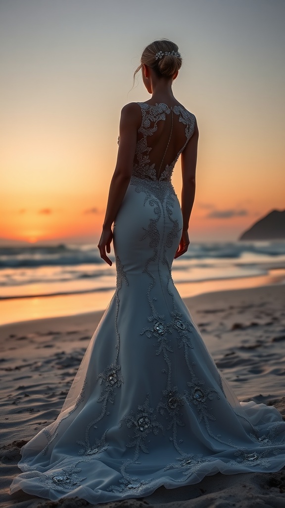 A bride in a mermaid silhouette wedding dress with crystal embellishments standing on the beach at sunset