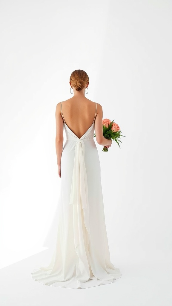 A back view of a minimalist slip wedding dress worn by a model, holding a bouquet of pastel roses.