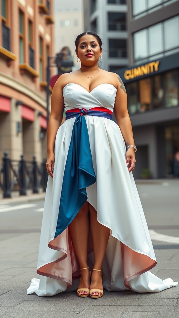 A plus-size bride in a modern high-low wedding dress with a white base and colorful accents, standing confidently on a city street.