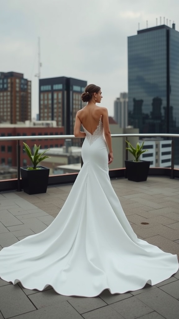 Bride wearing a modern white jumpsuit with a dramatic train, showcasing a backless design against a city skyline.