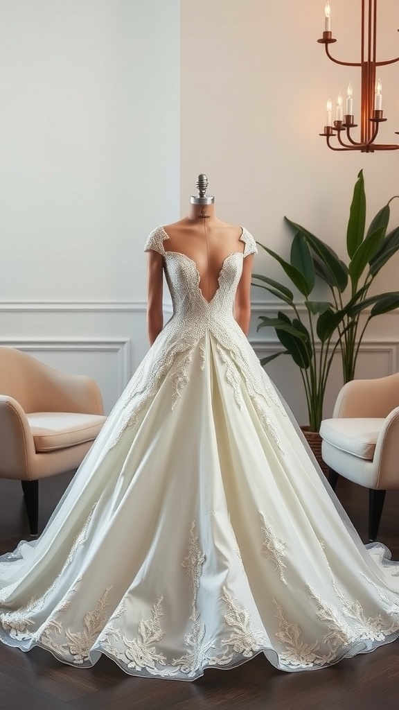 A modern princess ballgown wedding dress with a deep V-neck and intricate embroidery, displayed in an elegant setting.