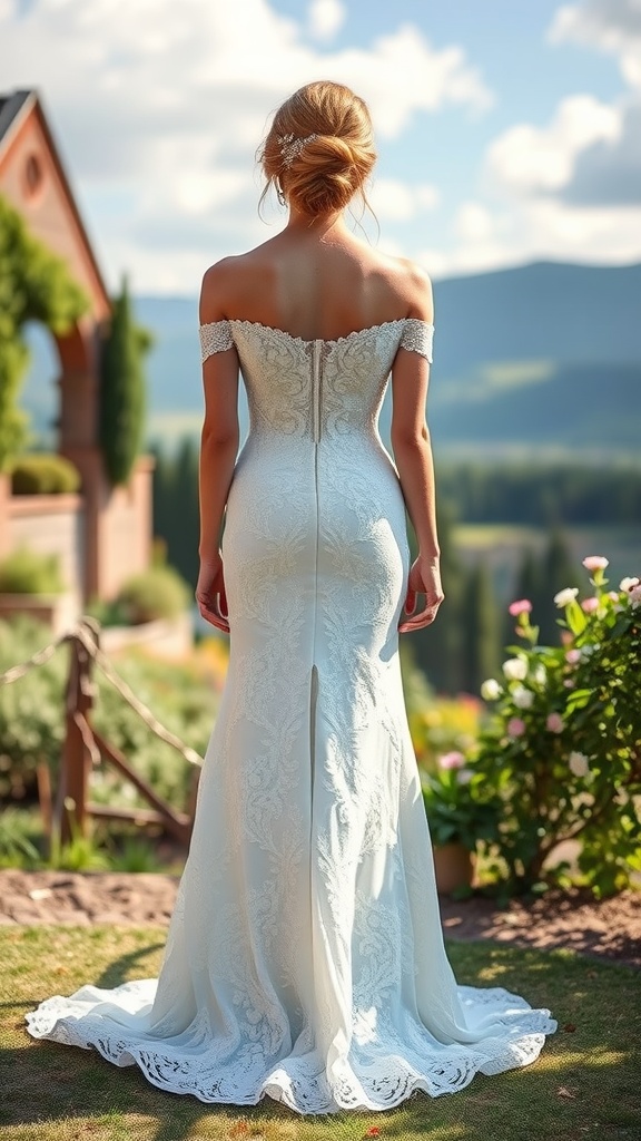 A bride wearing an off-the-shoulder wedding dress, standing in a garden with a scenic backdrop.