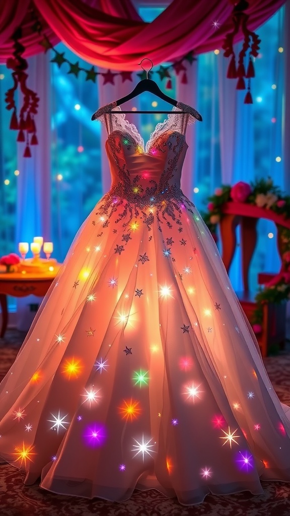 A vibrant wedding dress with colorful lights and star embellishments, hanging elegantly in a warmly lit setting.