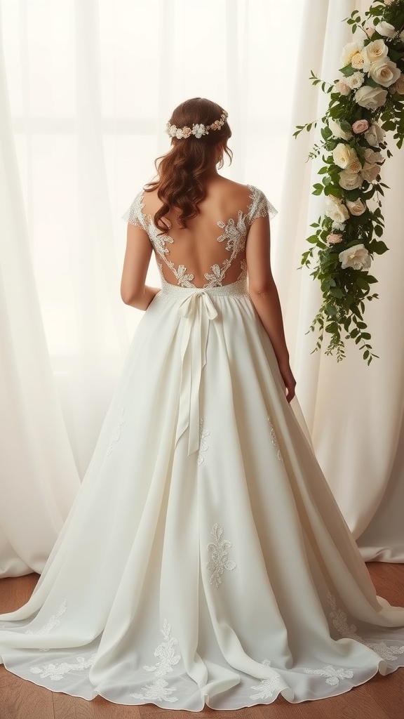 A-line plus size wedding dress with intricate lace details and a flowing skirt seen from the back.