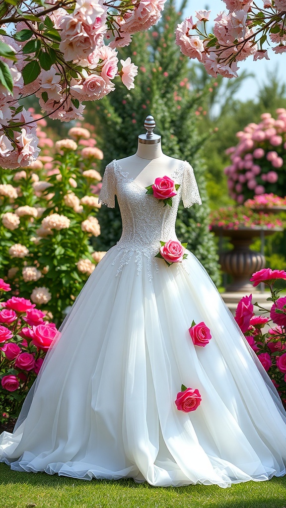 A beautiful ballgown wedding dress with floral accents in a garden setting