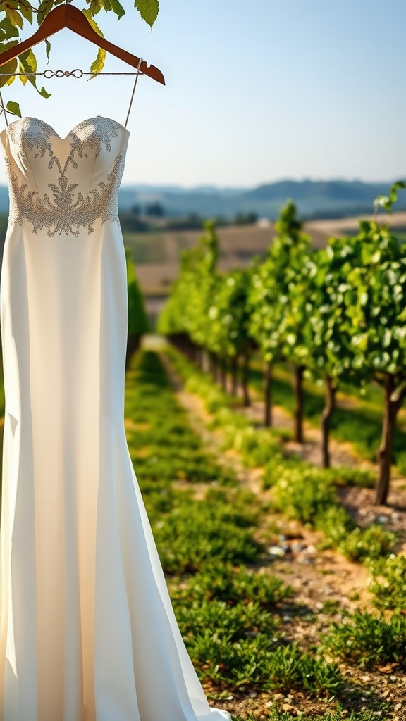 A romantic strapless wedding dress hanging in a vineyard, showcasing intricate beading and a soft sparkle.