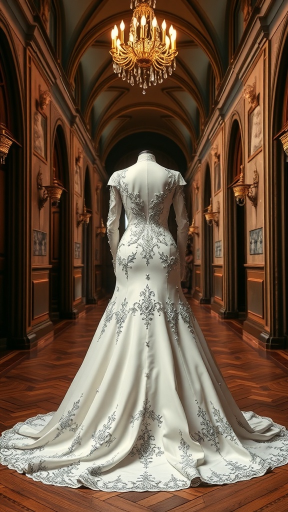 A royal-inspired wedding gown with elegant embellishments, showcased in a luxurious setting.