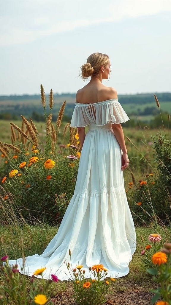 A bride in a rustic boho off-the-shoulder wedding dress standing in a field surrounded by flowers.