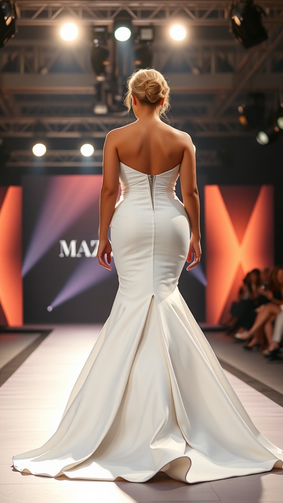 A plus size bride in a sleek mermaid wedding dress walking down a runway