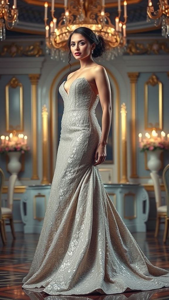 A woman in a sleek metallic fit-and-flare wedding gown, standing elegantly in an opulent setting.