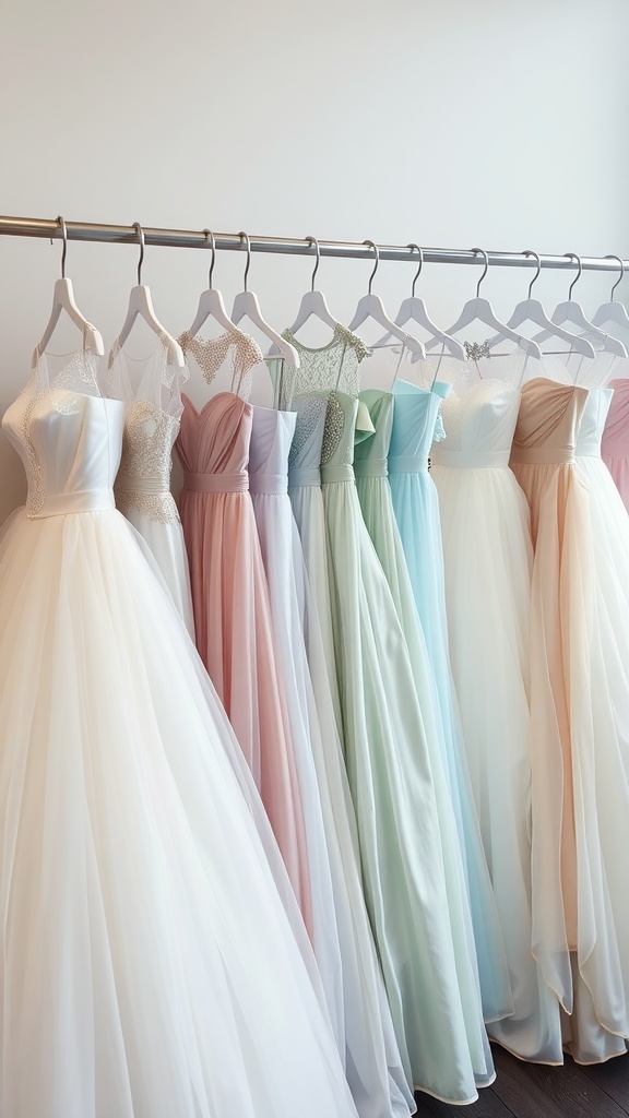 A collection of princess ballgown wedding dresses in various colors hanging on a rack.