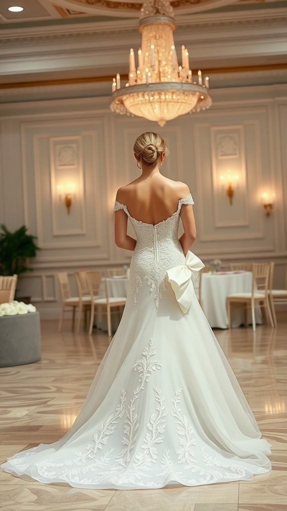 A bride wearing an off-the-shoulder wedding gown, showcasing intricate embroidery and a flowing train, standing elegantly under a chandelier.