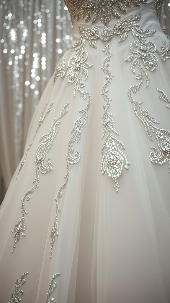 A close-up of a wedding dress featuring sparkling sequin accents on a flowing skirt.