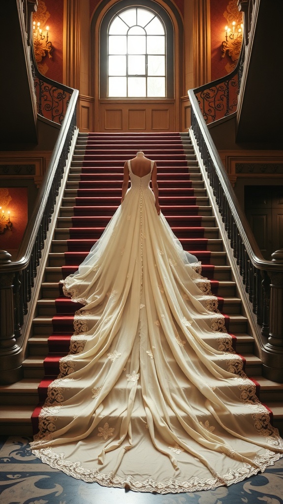 An elegant wedding dress with a long train on a staircase