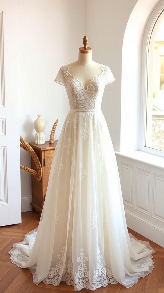 A two-piece bridal ensemble featuring a crop top with lace detailing and a flowing skirt, displayed on a mannequin in a bright room.