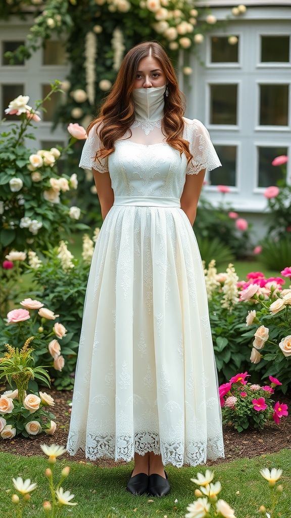 A woman in a vintage-inspired tea-length wedding dress standing in a garden filled with roses.