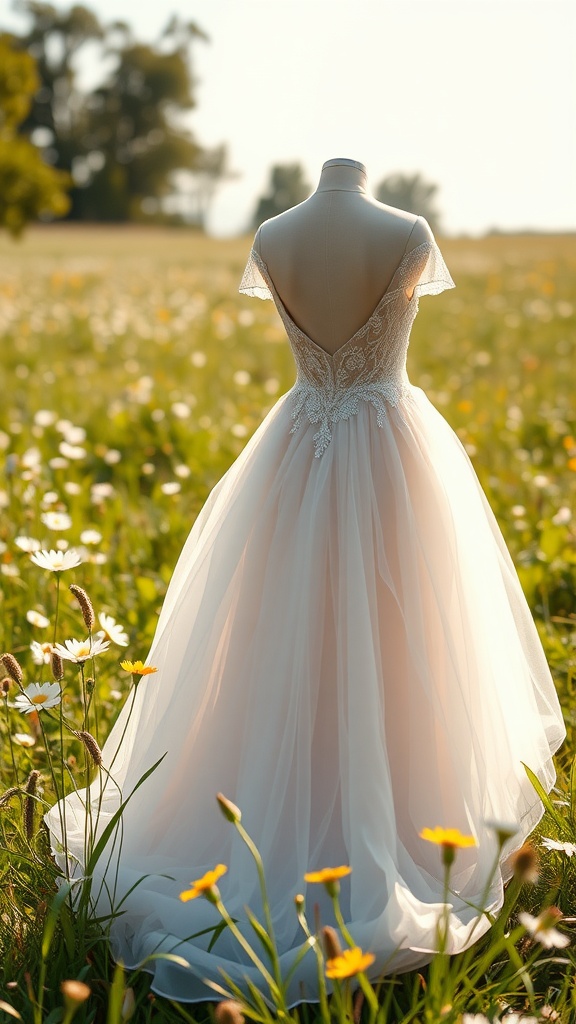 A beautiful princess wedding dress with a tulle skirt and floral embroidery, displayed in a sunny field.