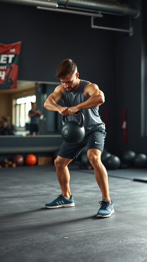 A person performing an advanced kettlebell movement in a gym.