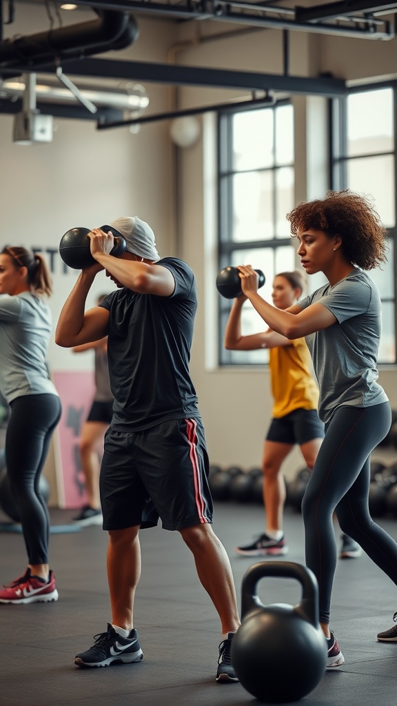 A group of people performing kettlebell swings in a gym setting