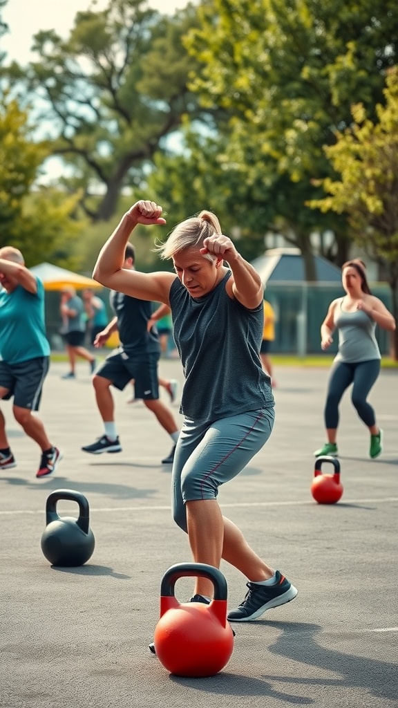 A dynamic outdoor kettlebell workout session with participants engaged in various exercises.