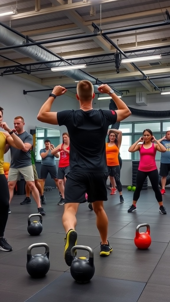 A group workout session focusing on kettlebell exercises led by an instructor.