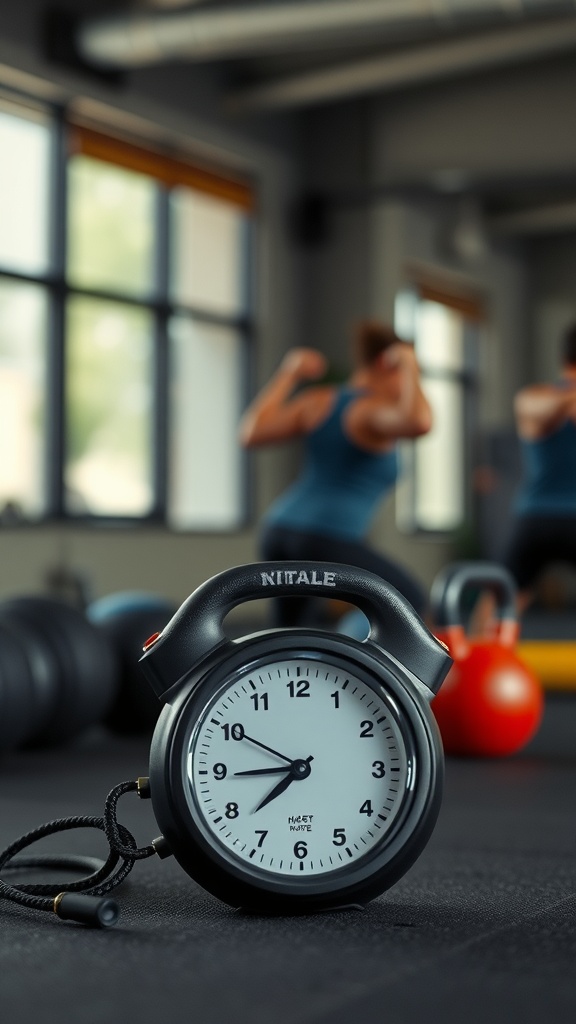 A kettlebell and stopwatch in a gym setting