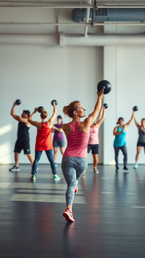 A group of people performing kettlebell swings in a fitness class.