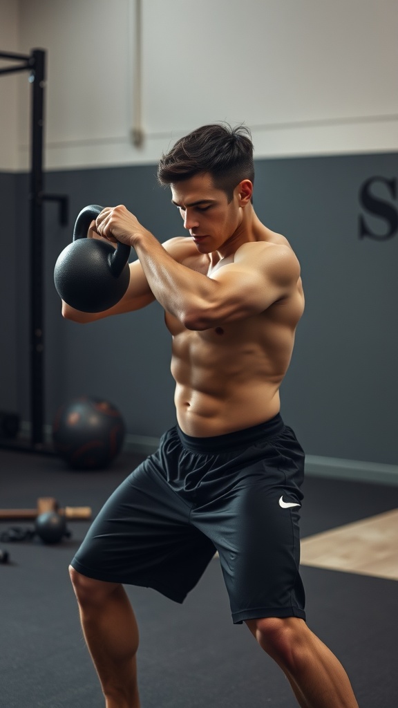 A person performing a kettlebell swing exercise in a gym.