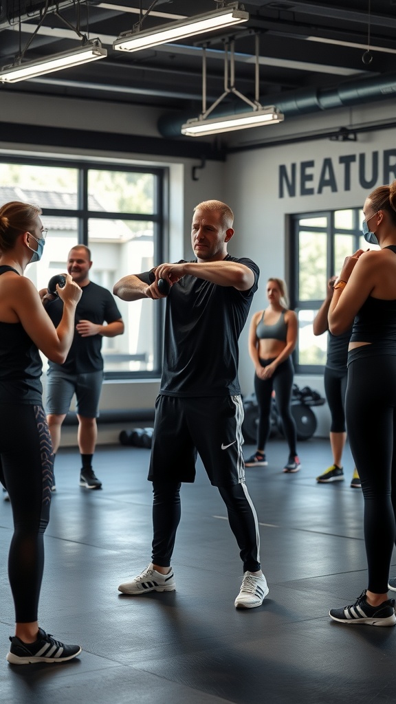 A group of beginners learning kettlebell techniques in a fitness class.