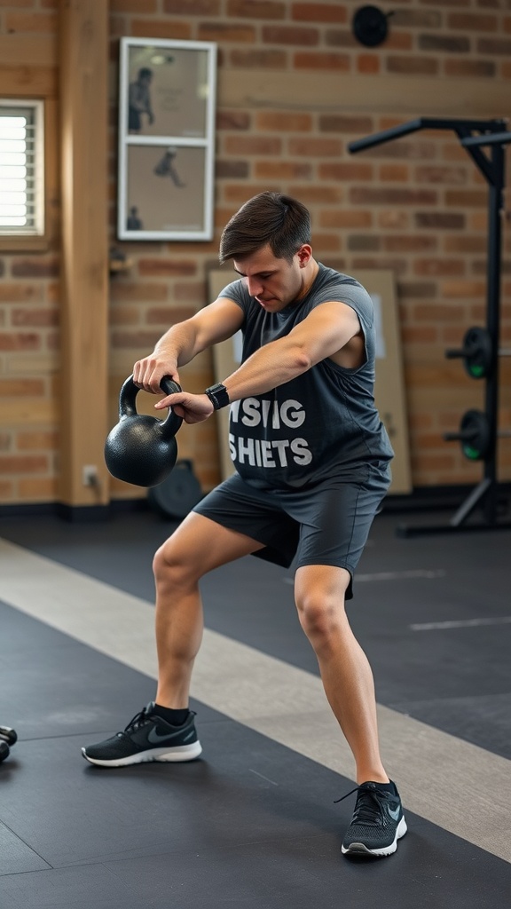 A person performing a kettlebell workout in a modern gym setting.
