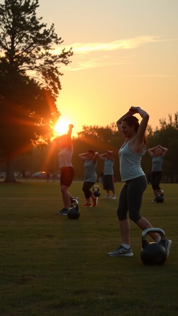 A group of people doing kettlebell workouts in a park during sunset.