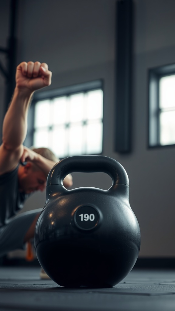 A kettlebell on the floor with a person training in the background