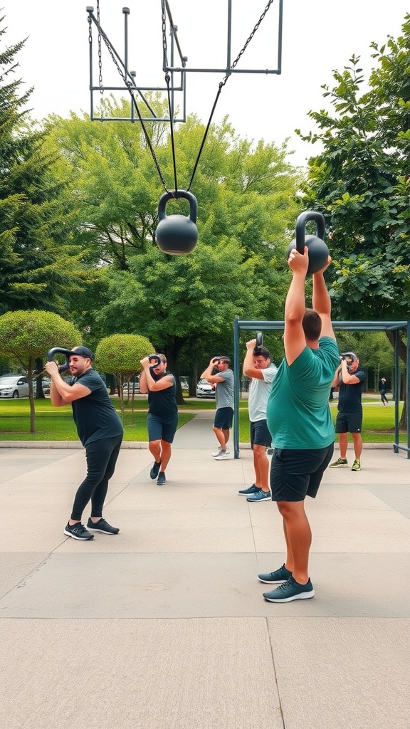 Group of people performing kettlebell swings outdoors