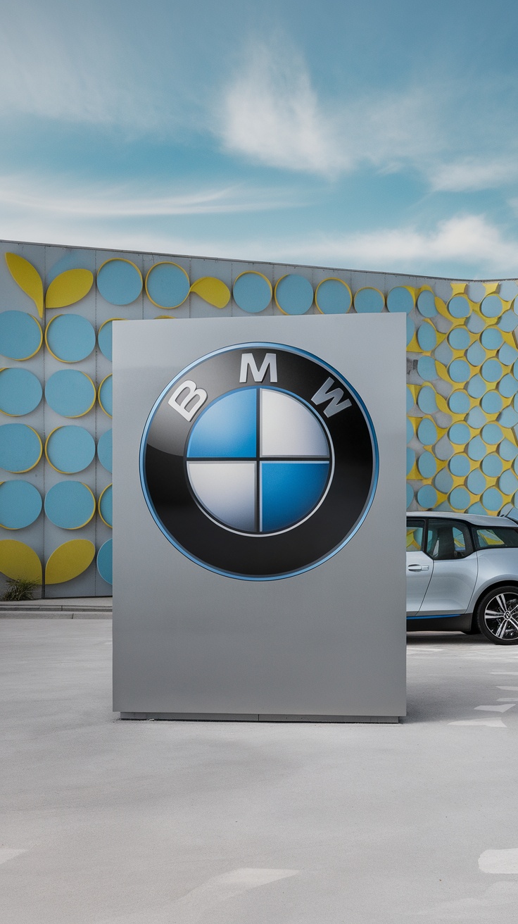 BMW logo displayed on a modern structure with a car in the background