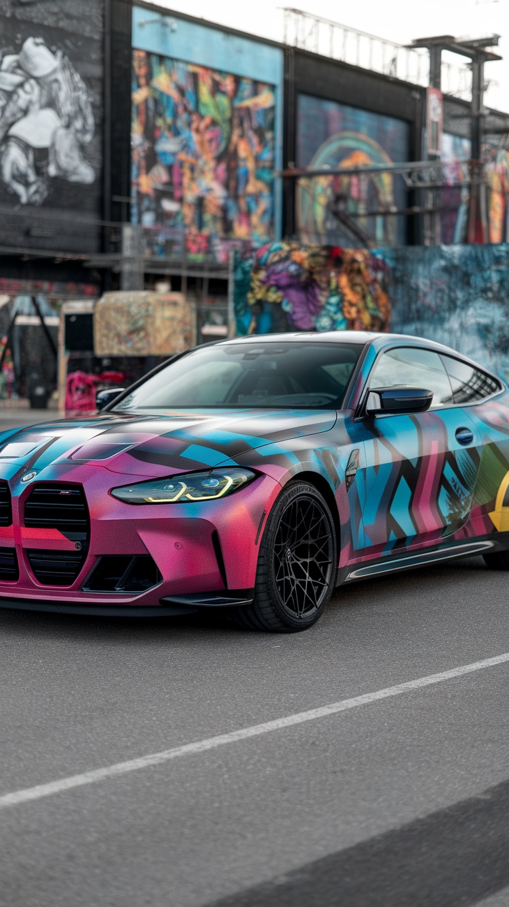 BMW M4 G82 with custom wrap featuring vibrant colors and patterns