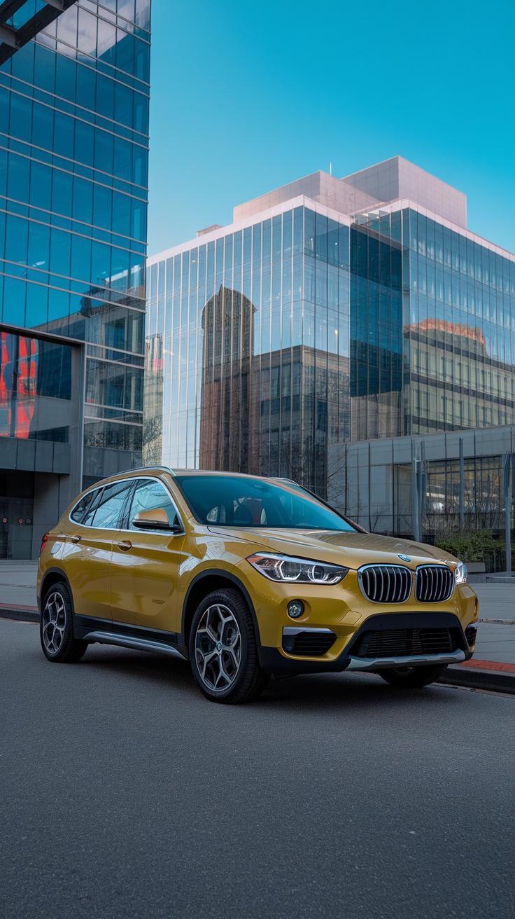 BMW X1 parked in front of modern buildings