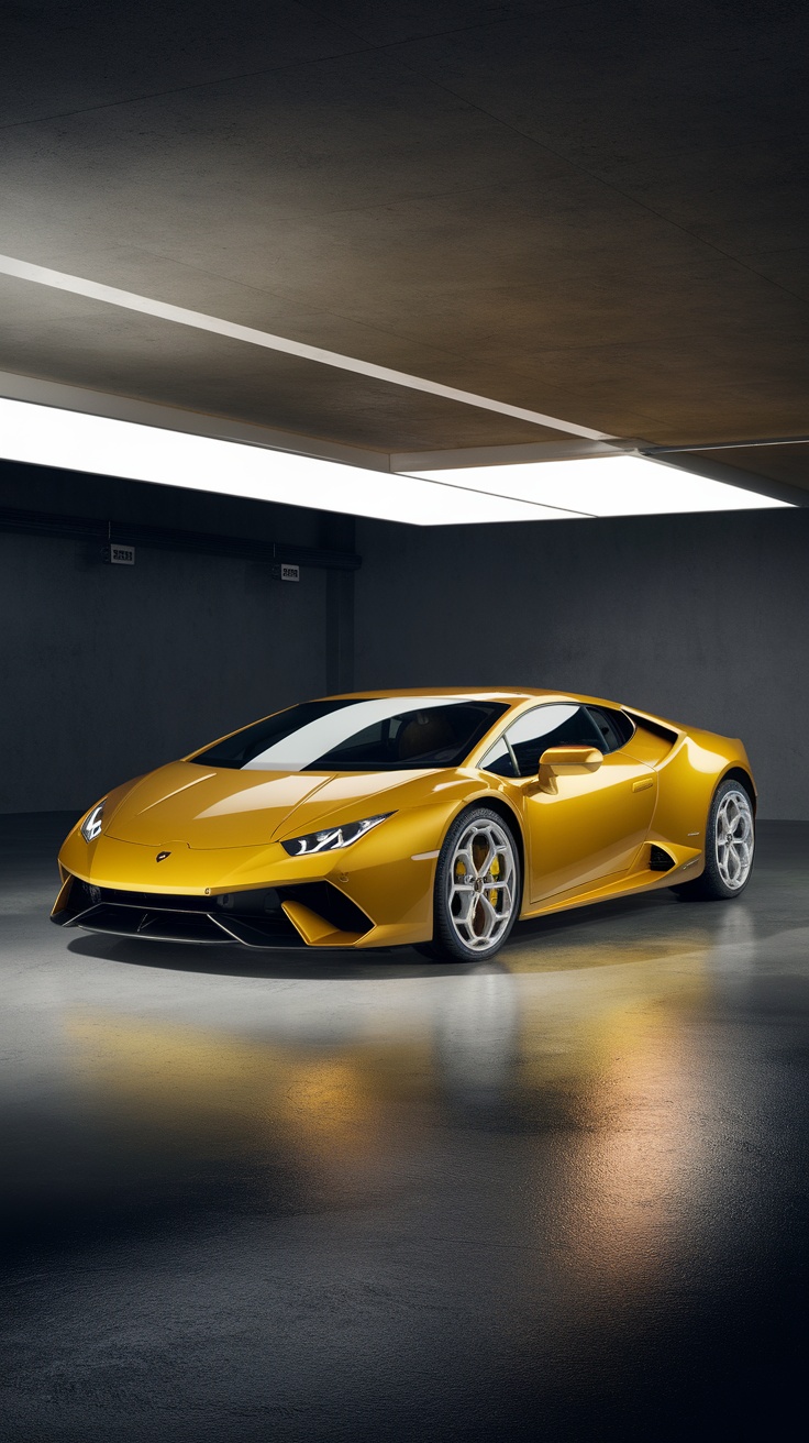 A sleek yellow Lamborghini Huracán parked in a modern garage.