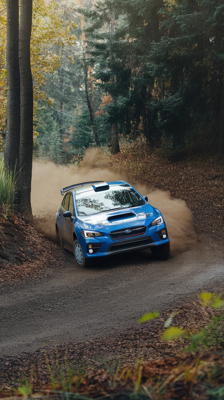 Subaru WRX driving through a forested area, kicking up dust