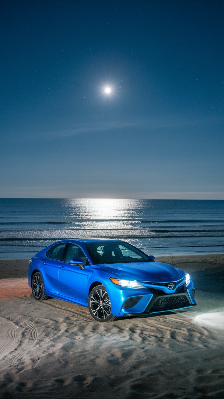 A blue Toyota Camry parked on the beach at night, illuminated by moonlight.