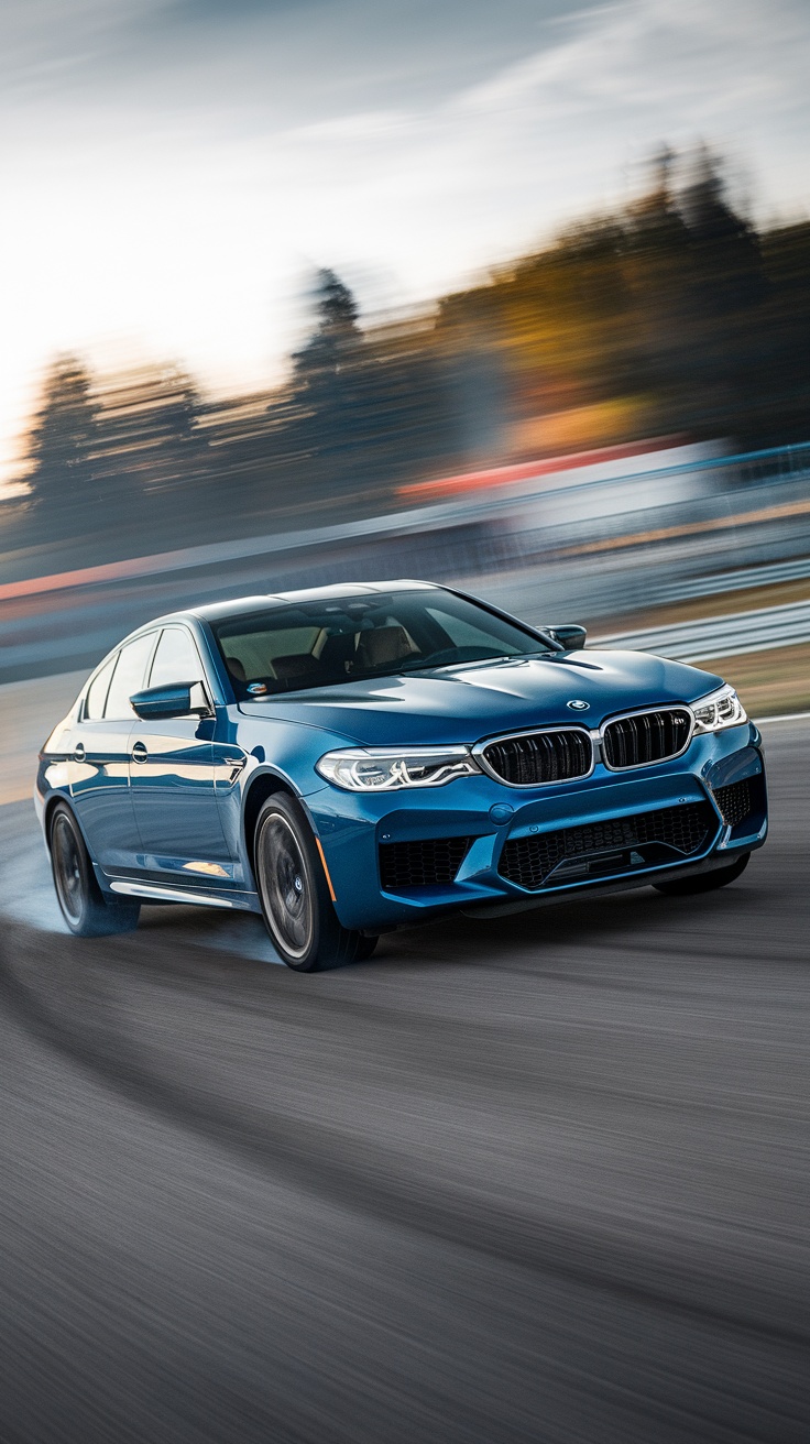 Dynamic shot of a BMW M5 racing on a track