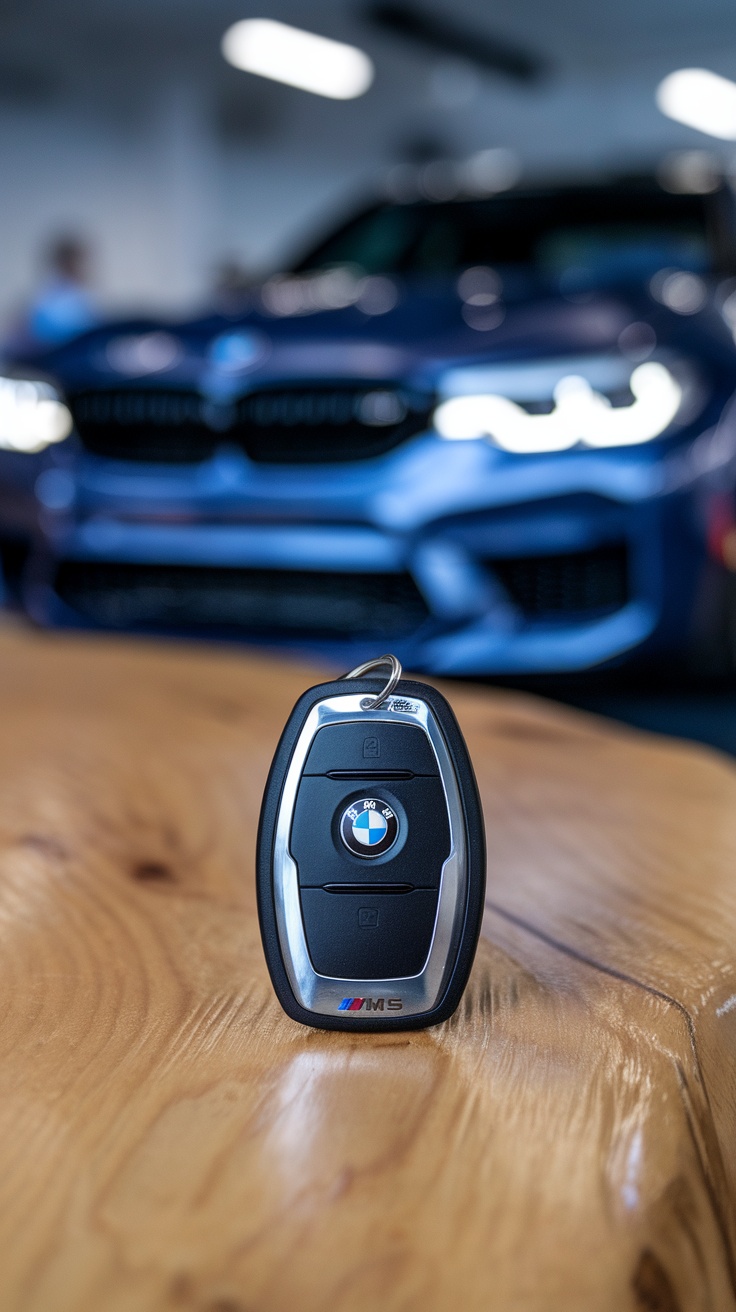 BMW M5 f90 key fob on a wooden table with the car in the background