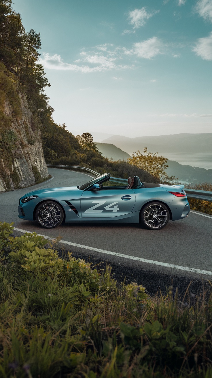 A BMW Z4 parked on a scenic road with a beautiful background