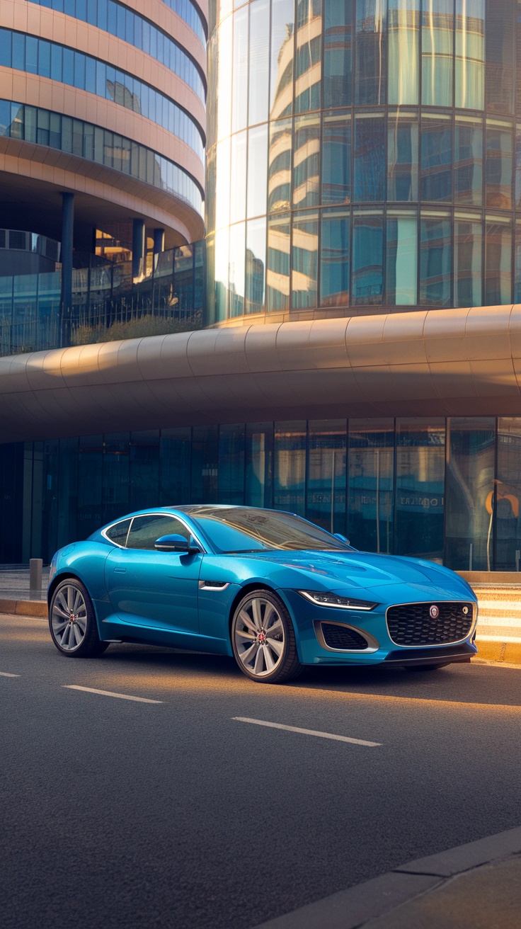 A blue Jaguar F-Type parked in front of modern glass buildings.