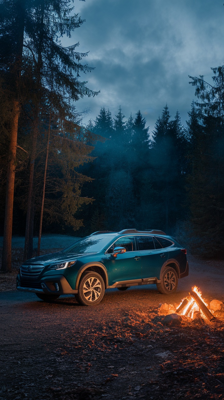 Subaru Outback parked in a nighttime forest setting with a campfire nearby