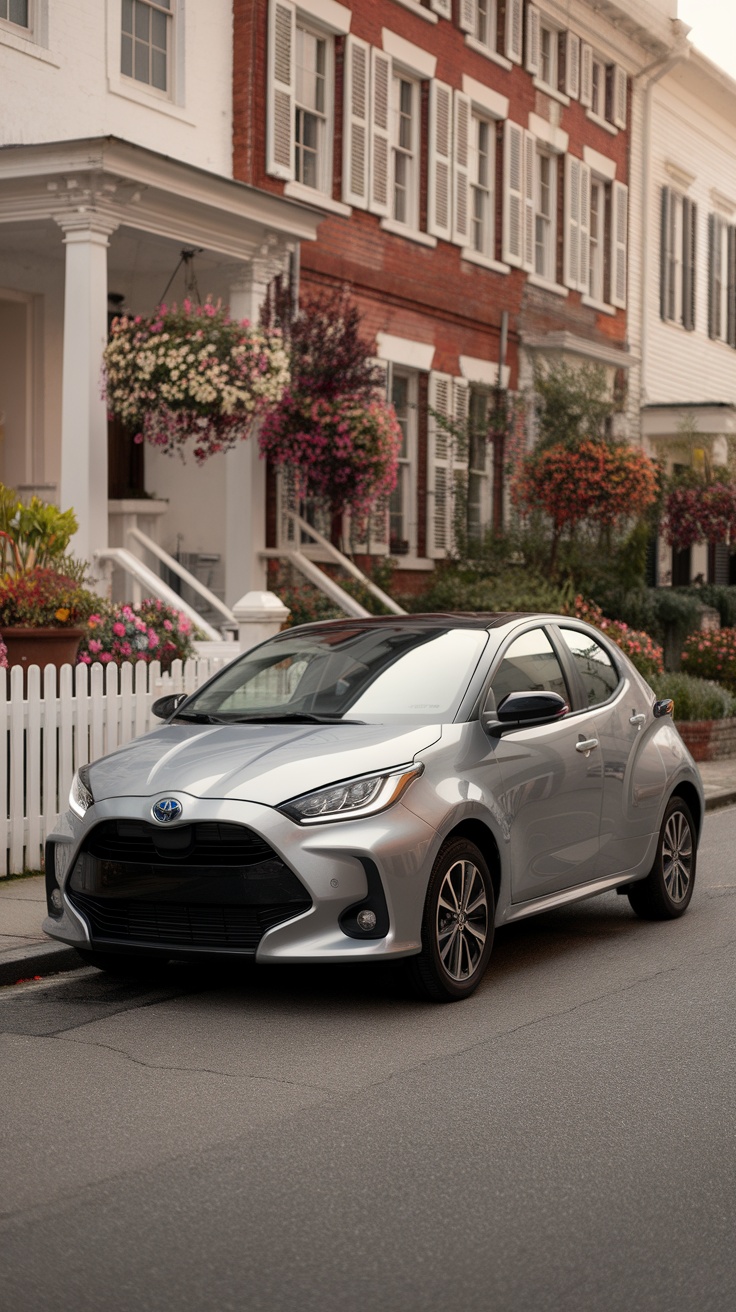 A silver Toyota Yaris parked on a street near beautiful homes and flowers.